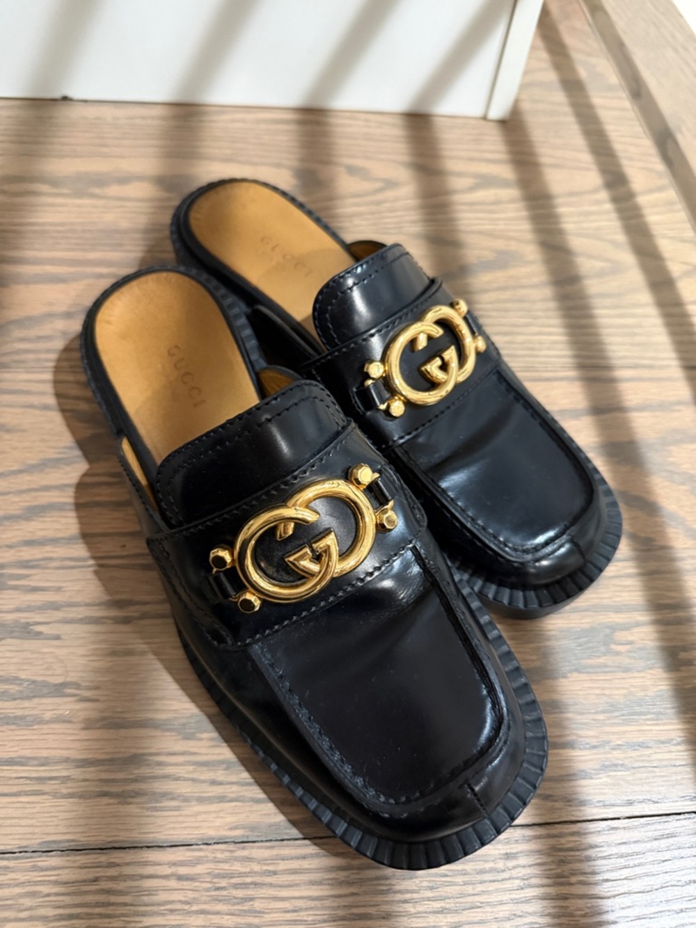 Gucci Black Leather Loafer Mules with Gold Double G